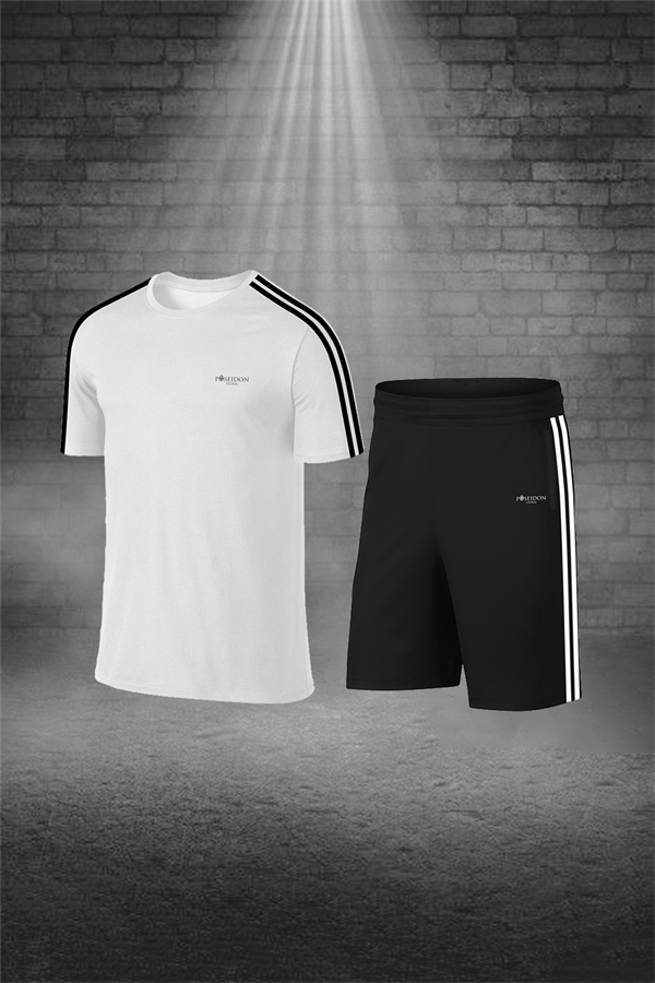 Erkek Beyaz Günlük Sporcu Tişört ve Şort Takımı S-3XL - siyah tek bant şerit - M2
