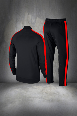 Erkek Siyah Günlük Sporcu Eşofman Takımı S-3XL kırmızı tek bant şerit - M1